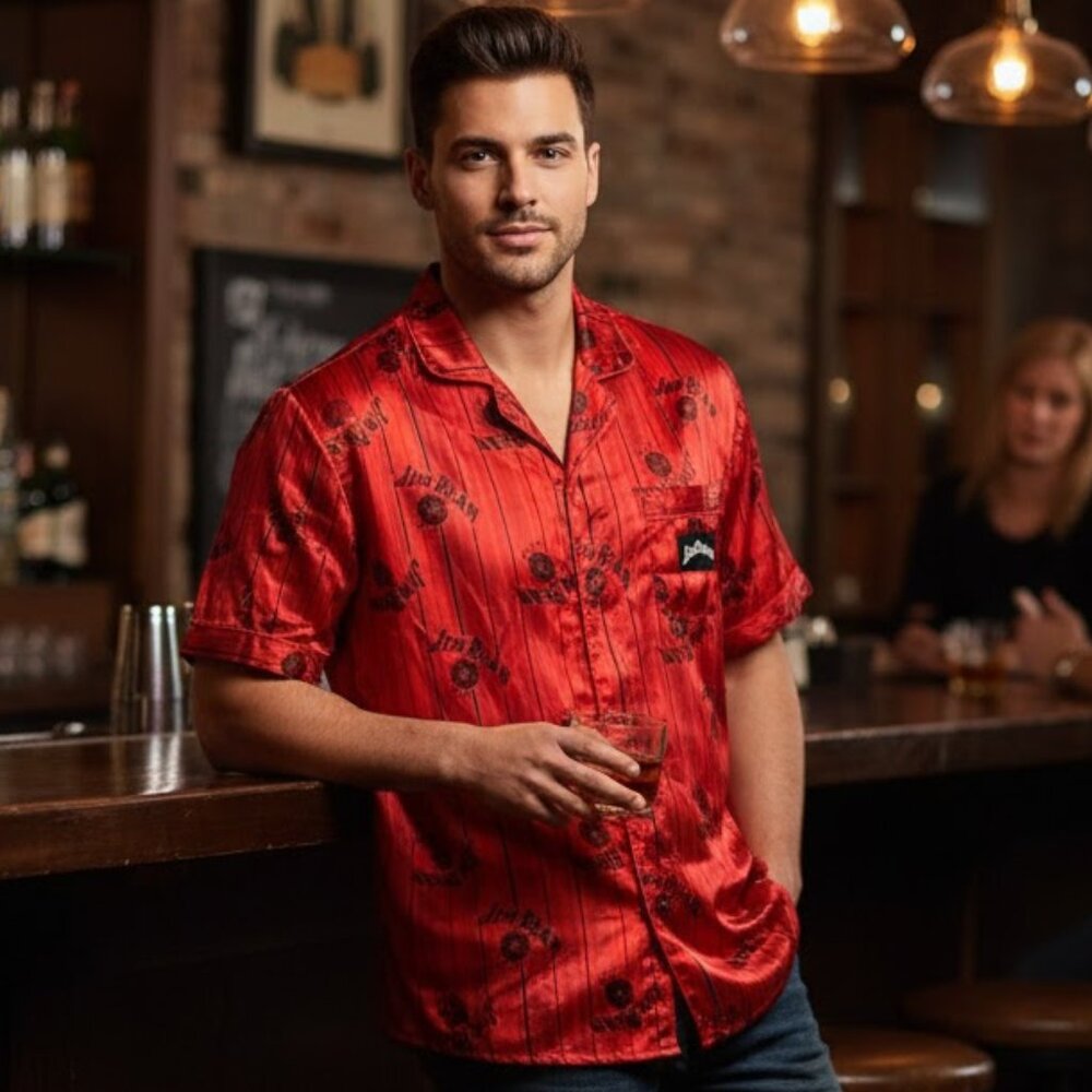 NEW JIM BEAM AUTHENTIC MEN’S BUTTON DOWN SHIRT RED SATIN TOP SZ M